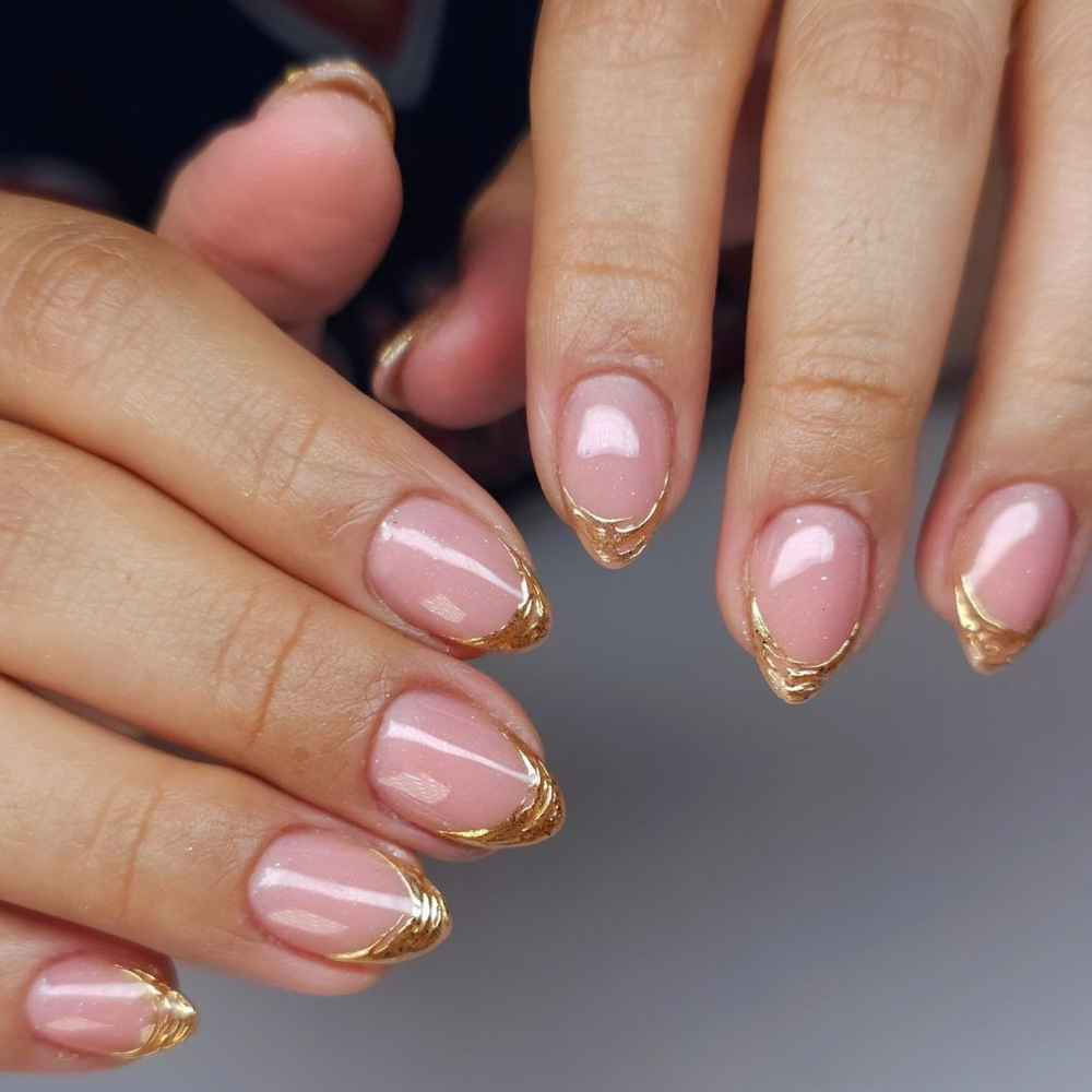 3D en relieve tridimensional, uñas postizas rosadas en forma de almendras, uñas cortas, 30 piezas, parches de uñas francesas doradas