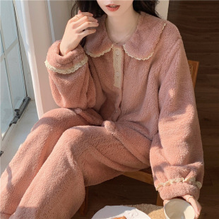 Winter Princess style pajamas women's flannel lace Court home wear Korean style coral fleece Chanel style thickened suit