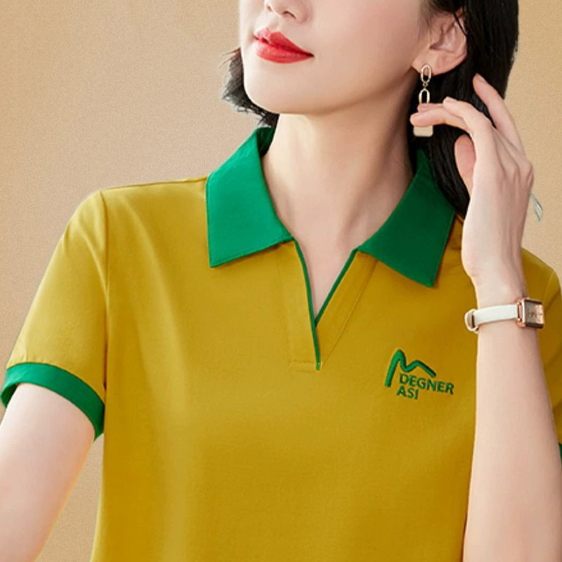 Женская футболка с коротким рукавом для женщин среднего возраста, новая летняя мода 2025, топ из ледяного шелка, тонкий, свободный, с отворотами, больших размеров