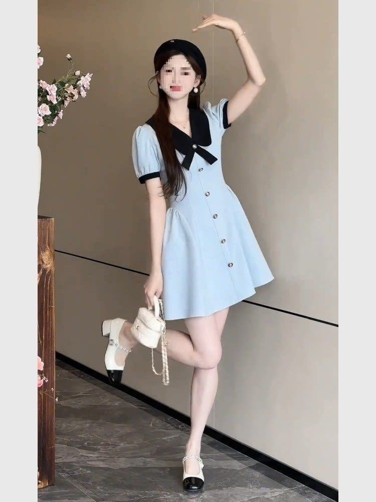 Đầm suông midi cổ búp bê phong cách Pháp tiểu thư mùa hè 2026 — xanh lam chi tiết 1