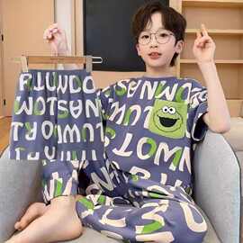 卡通三件套装男童睡衣夏季新款2026薄款中大童家居服男孩儿童短袖