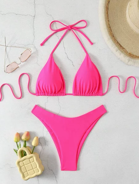 European and American New Swimsuit Women's Amazon Solid Color Beach Bikini High Waist Lace-up Foreign Trade AliExpress Sexy Swimsuit