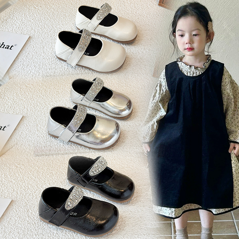 2025 New Autum Kidsren's Shoes Girls' Rhinestone Princess Leather Shoes K-Style Simple Versatile Square Mouth Dance Shoes