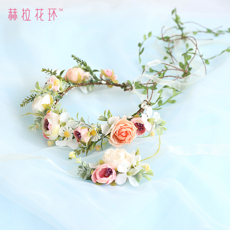 Nuevo estilo transfronterizo dedicado a la guirnalda de primavera, tiara de novia dulce, accesorios de fotografía de estudio de bodas de vacaciones junto al mar