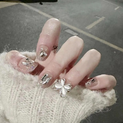 X275 Glitter Butterfly Short Nail Art Adhesive Nails Removable Nude with Handmade Layer and UV Gel