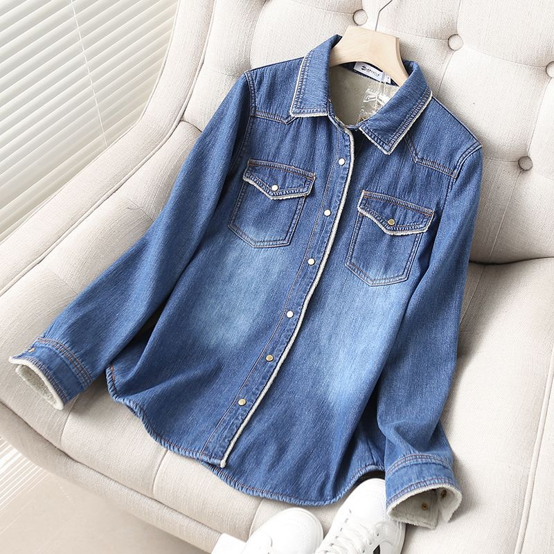 Dameklær mote pluss fløyels varm denimskjorte dame langermet allsidig avslappet tyk skjorte topp trend_voghion.com