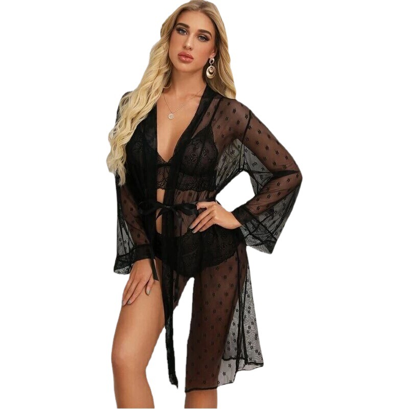 2023 europeo y americano nuevo sexy lencería sexy malla mujer Albornoz lencería sexy traje de tres piezas traje al por mayor
