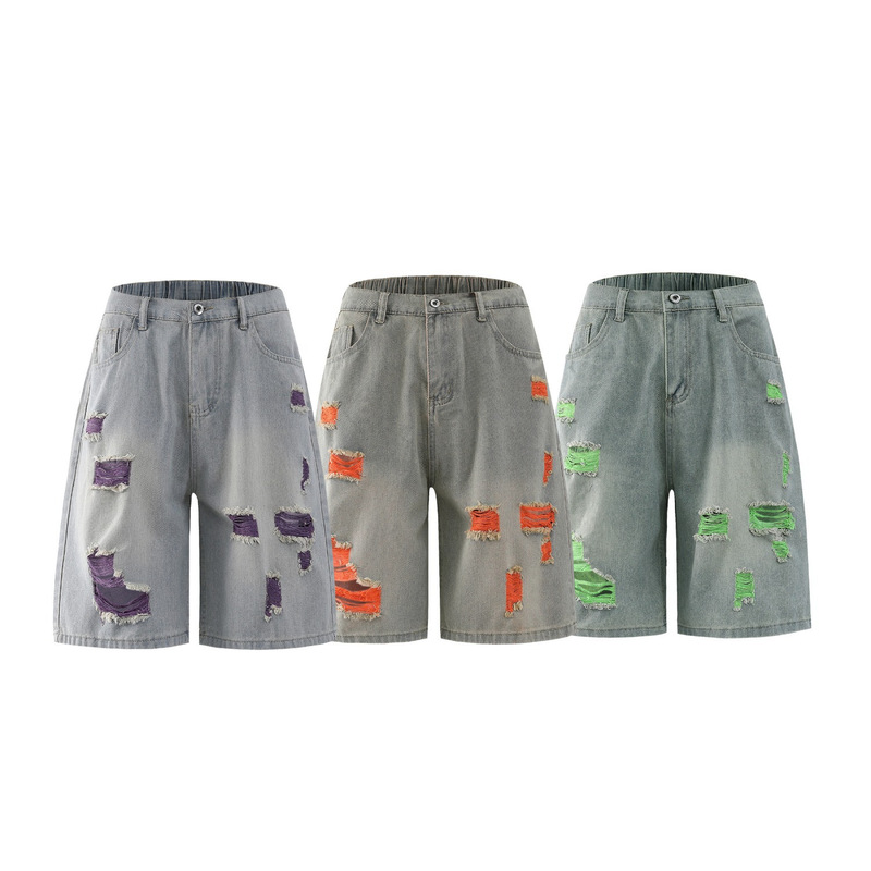 2026 Color-Blocked Ripped Denim Shorts for Men, Summer Design, High Street Style, Trendy Sports Shorts, Five-Point Pants, Export