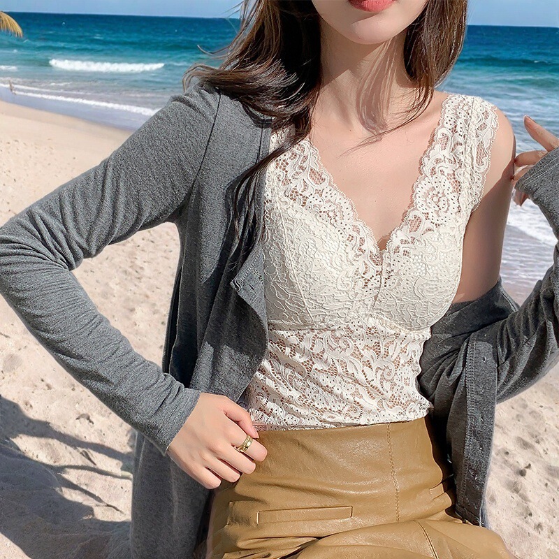 Spring and Summer French Style Inner Lace Outer Wear Camisole Slim Belly Covering Base Top Women's Waist Beautiful Back Bra