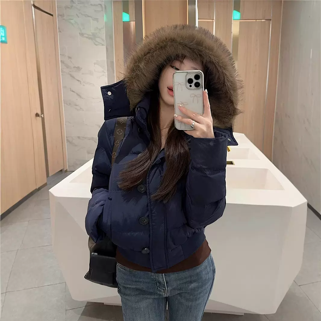 实拍~ 藏青色连帽毛领设计感棉服外套女冬季新款短款保暖棉衣女装