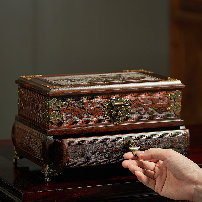 Solid Wood Jewelry Box Storage Box Small High-End Red Rosewood Wooden Antique Necklace Earrings Earrings Watch Jewelry Box