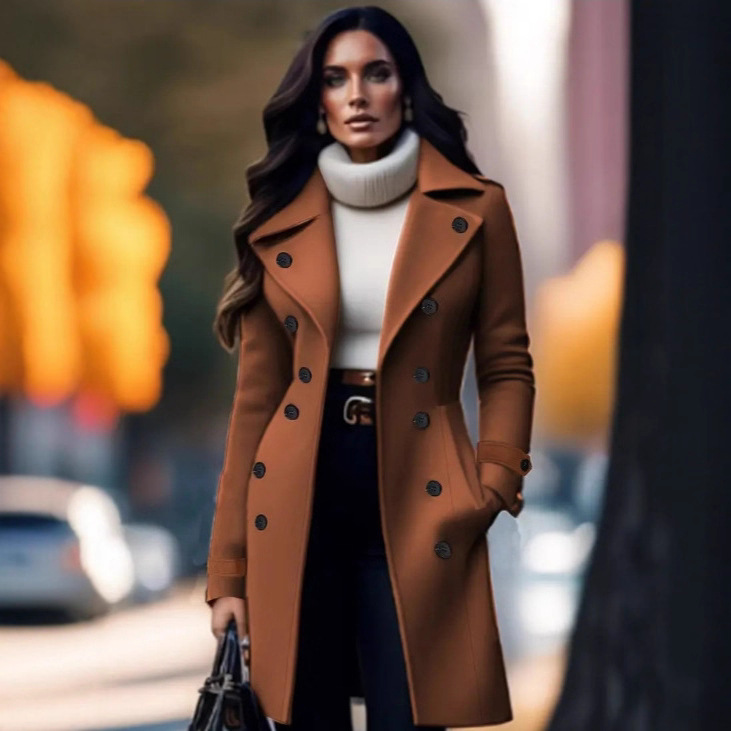 2025跨境亚马逊新款欧美优雅女式纯色双排扣毛呢大衣