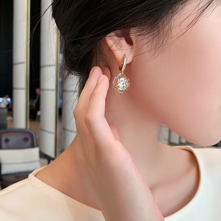 镀真金镂空锆石玫瑰花耳环女韩国气质耳饰2021年新款潮个性耳