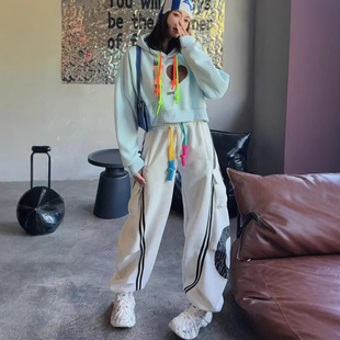 美式套装短款连帽卫衣大口袋卫裤女新款爆款宽松彩色抽绳两件套