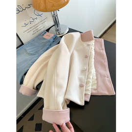 小香风撞色长袖圆领毛呢外套女士短款正肩夹克2025新款小个子韩系