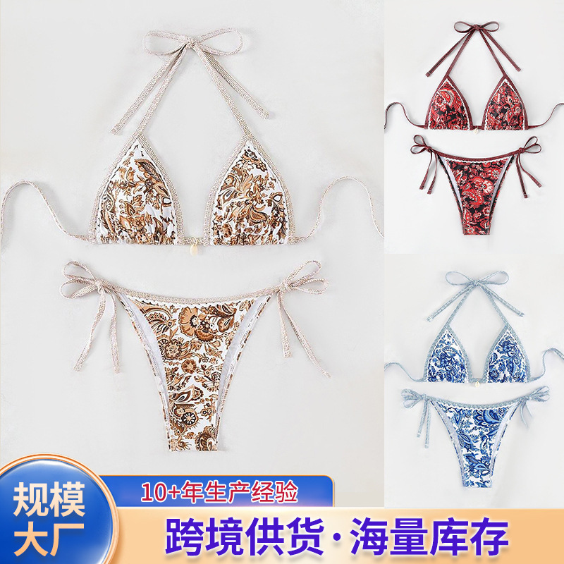 Blue and White Porcelain Bikini Swimwear, Push-Up Two-Piece Sports Outdoor Yoga Swimsuit for Women, Blue and White Porcelain Swimsuit, Fresh and Simple Style