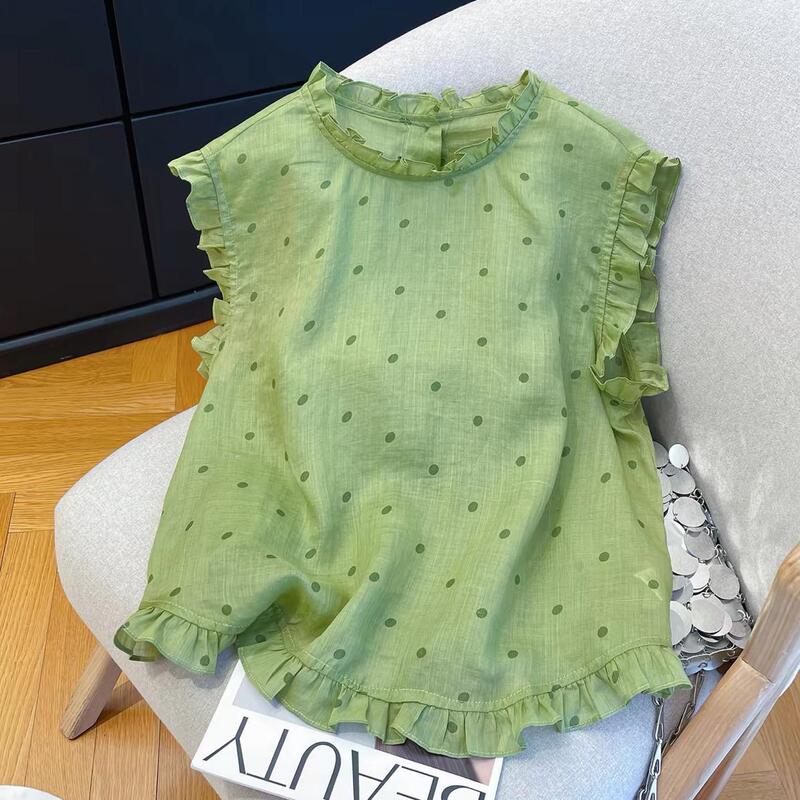 Green polka dot ruffled sleeveless shirt for women, summer loose casual design tank top Green polka dot ruffled sleeveless shirt for women, summer loose casual design tank top