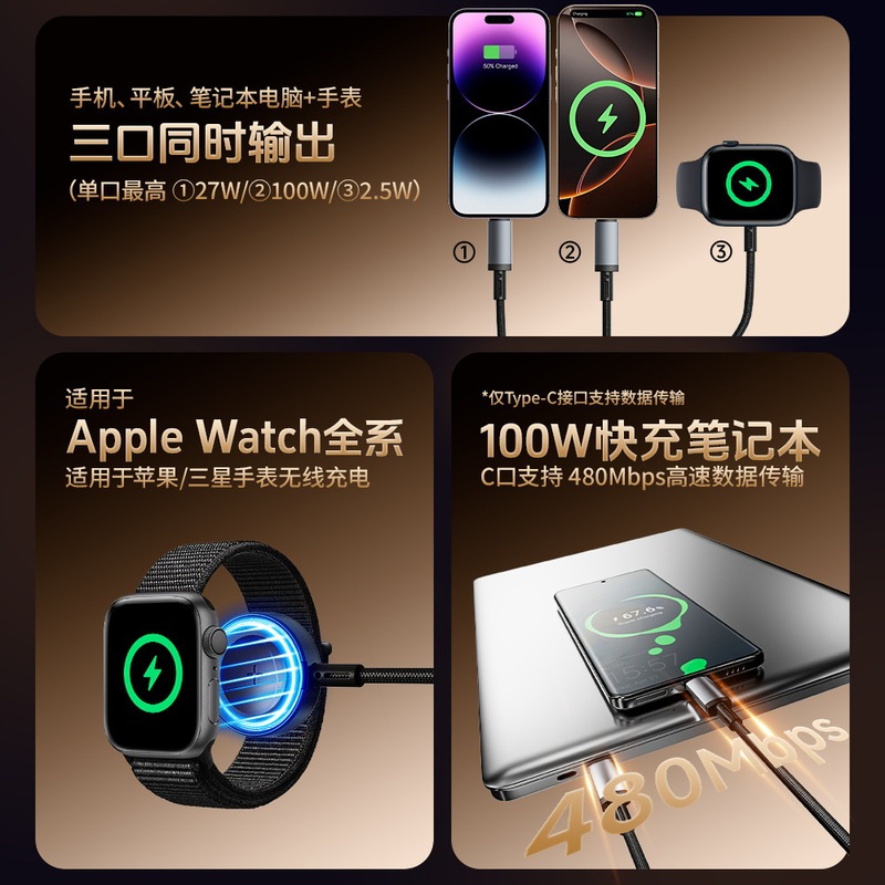 倍魔二拖三快充数据线PD100W磁吸无线充适用苹果手机笔记本iWatch|undefined
