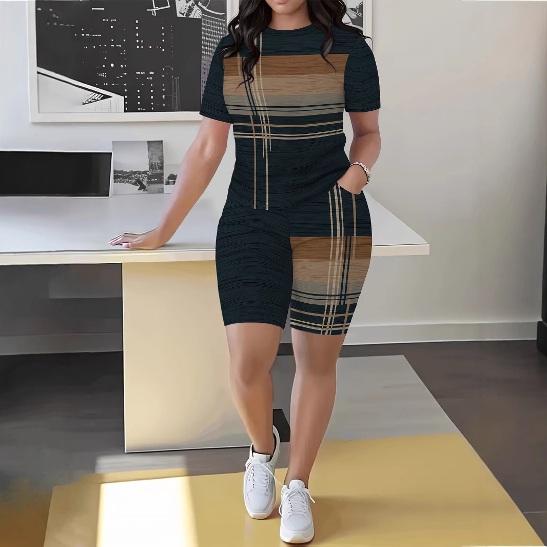 Women's Geometric Print Short Sleeve T-Shirt And Shorts Set - Comfortable Casual Summer Outfit Versatile Two-Piece Coordination_ecoleips.com