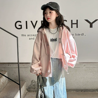 女童连帽外套秋2024新款中大童针织拉链衫韩版字母刺绣棒球服洋气