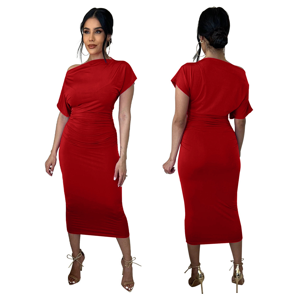 Women Clothing Popular Solid Color Pleated Slim-Fit Oblique Shoulder Dress 10 Women Clothing Popular Solid Color Pleated Slim-Fit Oblique Shoulder Dress