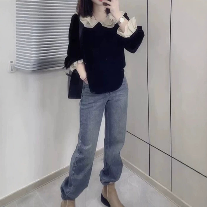 New 2026 velvet shirt, black thin babydoll shirt, loose-fitting stylish women's long-sleeve top New 2026 velvet shirt, black thin babydoll shirt, loose-fitting stylish women's long-sleeve top