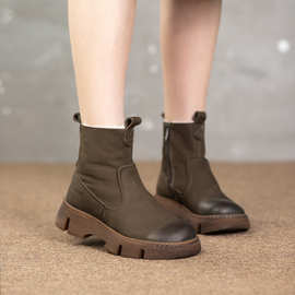 加厚头层牛皮雪地靴女厚底真皮短靴复古气质百搭羊毛保暖靴子女鞋