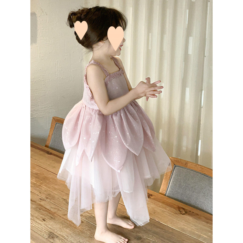 Girls French Dress 2025 Summer New Style Petal Sweet Princess Pink Kidsren's Gauze Skirt Cute and Trendy