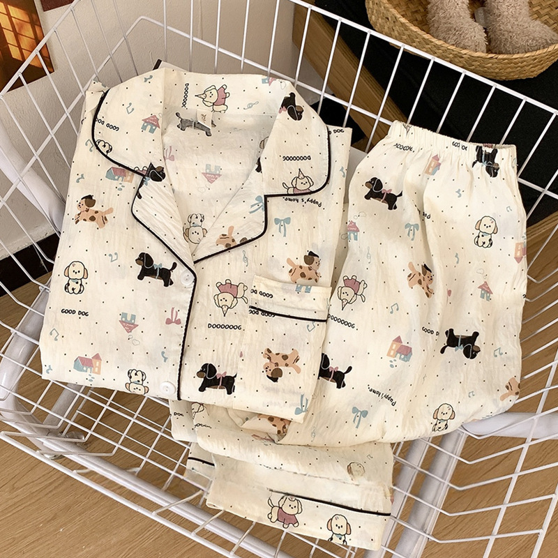 扎染条纹云朵纯棉纱睡衣女春秋季长袖简约可外穿开衫家居服夏套装|undefined