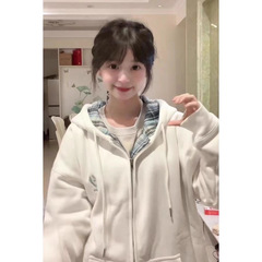 甜美少女感格纹拼接韩系学院风连帽卫衣女ins潮加绒休闲开衫外套