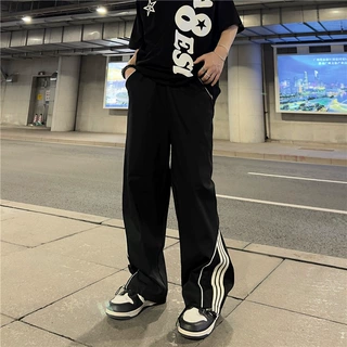 休闲阔腿长裤子男夏季日系街头运动侧边条纹抽绳直筒束脚九分卫裤