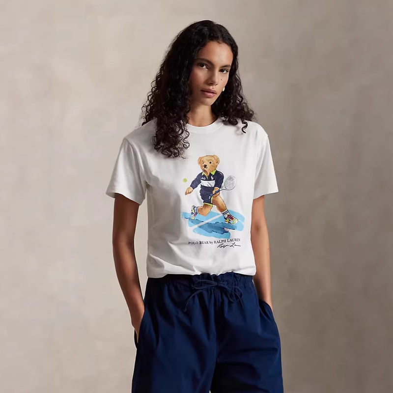 European and American 2026 Cross-Border Women's Fashion Loose-Fitting Bear Print Round Neck Short-Sleeve Pure Cotton Casual T-Shirt