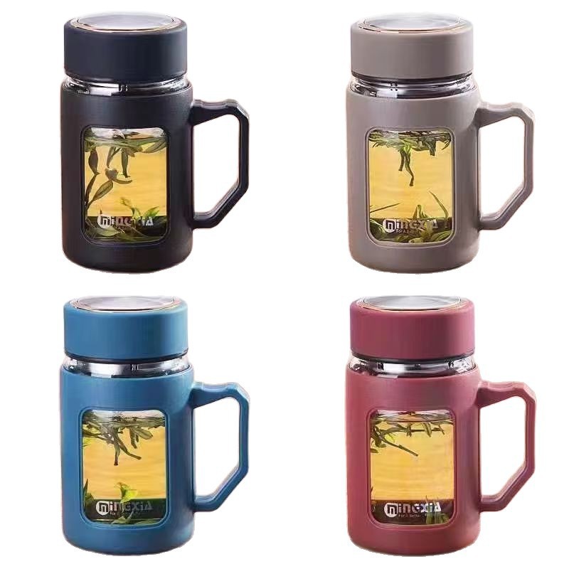 Simple Glass Cup with Handle, Large Capacity Water Cup, Office and Home Use Plastic Double-Layer Water Cup, Business Gift Cup