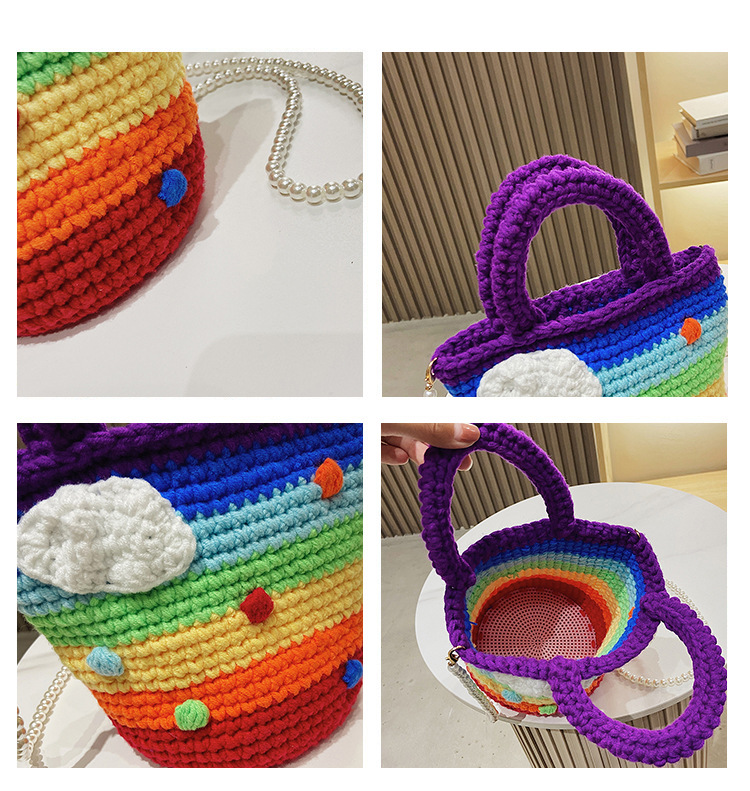 Women's Medium Plush Rainbow Stripe Cute Beading Weave Bucket Open Crossbody Bag display picture 2