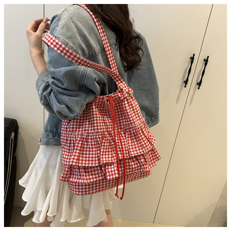 カレッジスタイルの女性用トートバッグ 2025 新作蓮の葉格子ショルダーバッグ シンプル通勤多用途キャンバスバッグ スクエア|undefined