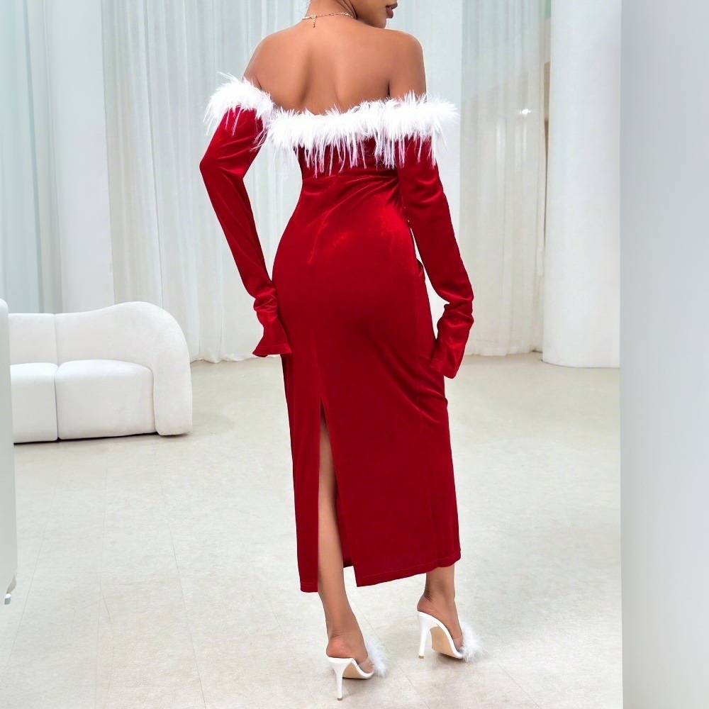 Women's Clothing Sexy Christmas Red Dress Autumn And Winter Temperament Banquet Mid Length Skirt_voghion.com