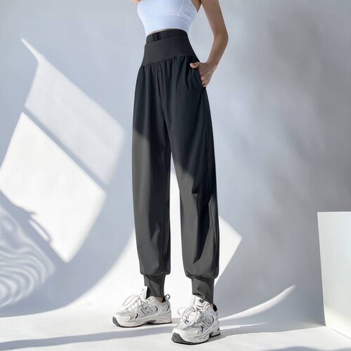 Outdoor quick-drying sports pants for women, high-waisted, buttoned, tummy-tightening, leggings, loose dance yoga pants, sweatpants, casual fitness summer
