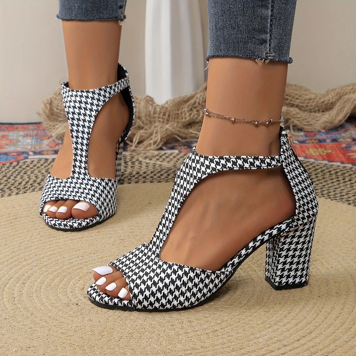 Houndstooth block heel