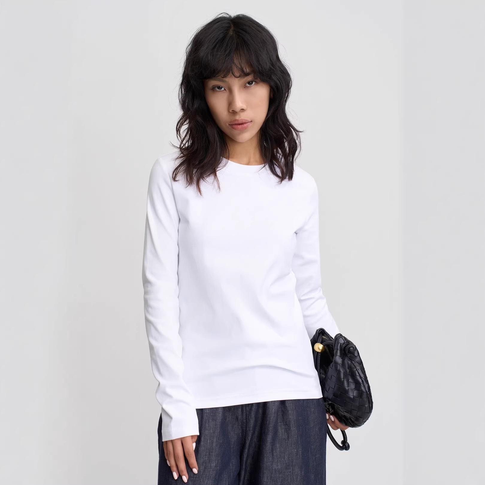 Round Neck Pima Cotton Base Layer T-Shirt for Women, 2026 Spring Season, Solid Color, Slim Fit, Comfortable, Versatile Long-Sleeve Top