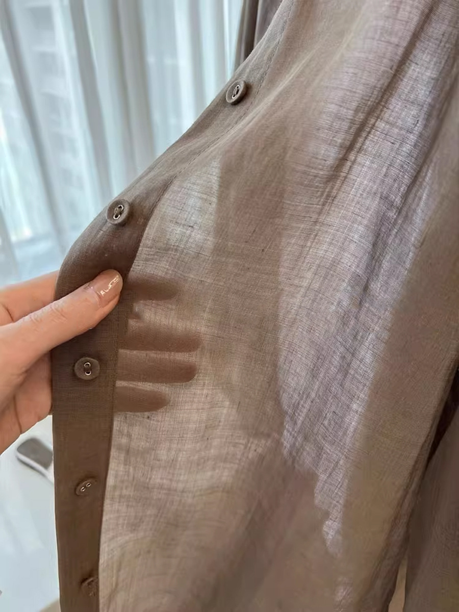 Áo sơ mi linen nữ phong cách cổ điển thiết kế rộng rãi chống nắng mùa hè — Màu cà phê khói
