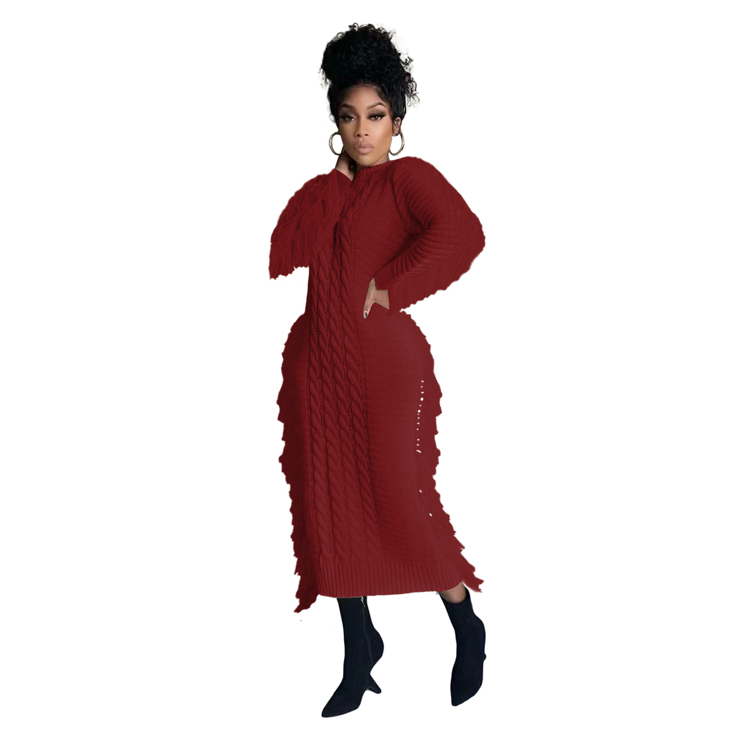 Robe pull femme avec franges longues en maille pour l'hiver_voghion.com
