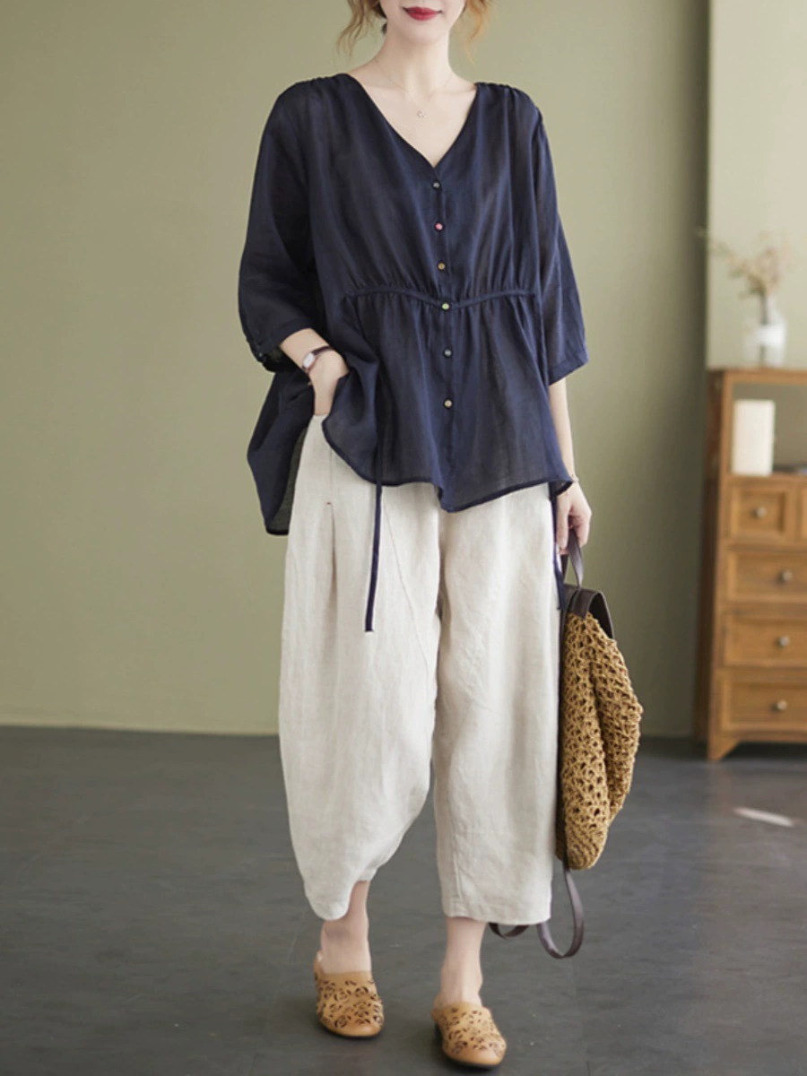 Летняя одежда для мам среднего возраста, новинка 2024 года, костюм для среднего и пожилого возраста, топы с короткими рукавами, брюки большого размера из хлопка и льна, комплект из двух предметов в западном стиле