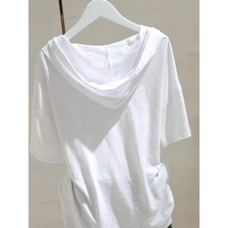 Áo thun nữ cotton 100% tay ngắn có mũ trùm đầu form rộng — Màu đen ((bông tre, mỏng và thoáng khí))