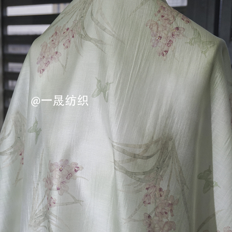 兰花草数码直喷印花布料曲天丝混纺春夏薄款旗袍汉服衬衫面料批发