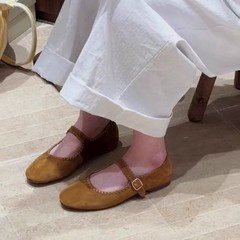 羊皮版~法式圆头一字扣带芭蕾舞单鞋浅口简约复古平底玛丽珍鞋女