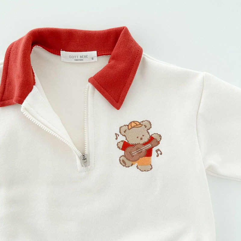 Ropa Infantil de Otoño Estilo Coreano, Mono de Manga Larga con Bordado de Oso y Solapa de Algodón para Niños y Niñas