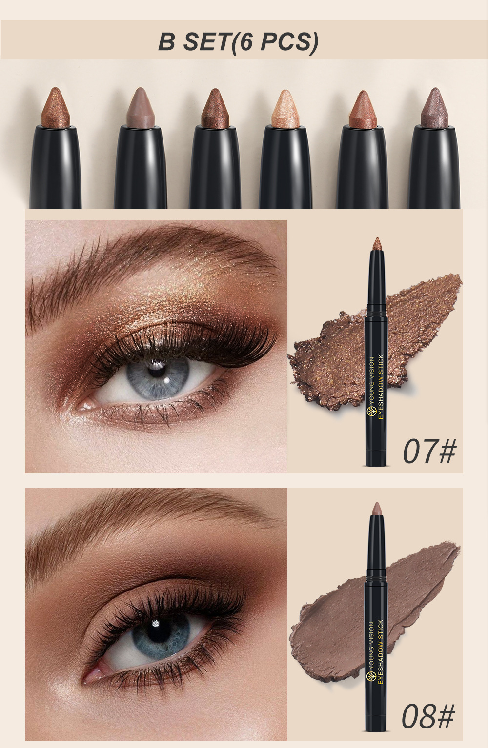 YOUNG VISION 6-color Eyeshadow Pen set: Pearlescent Rotating Eyeshadow stick for easy coloring, brightening and contouring undefined