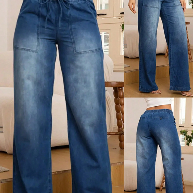 2026 New Cross-Border Casual Loose-Fit Women's Clothing with Standard Sizing, Elastic Waist Drawstring Jeans, Straight-Leg Stretch Denim 2026 New Cross-Border Casual Loose-Fit Women's Clothing with Standard Sizing, Elastic Waist Drawstring Jeans, Straight-Leg Stretch Denim
