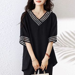 Fat Mom Covers the Flesh, Looks Slimmer and Younger, Casual Women's T-Shirt, Large Size Summer V Neck Splicing Loose Mid-Sleeve Top