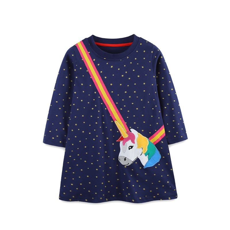 Otoño nuevo estilo vestido de niña parche de moda de estilo europeo y americano vestido de princesa para niños pequeños y medianos cuello redondo a rayas falda de manga larga para niños